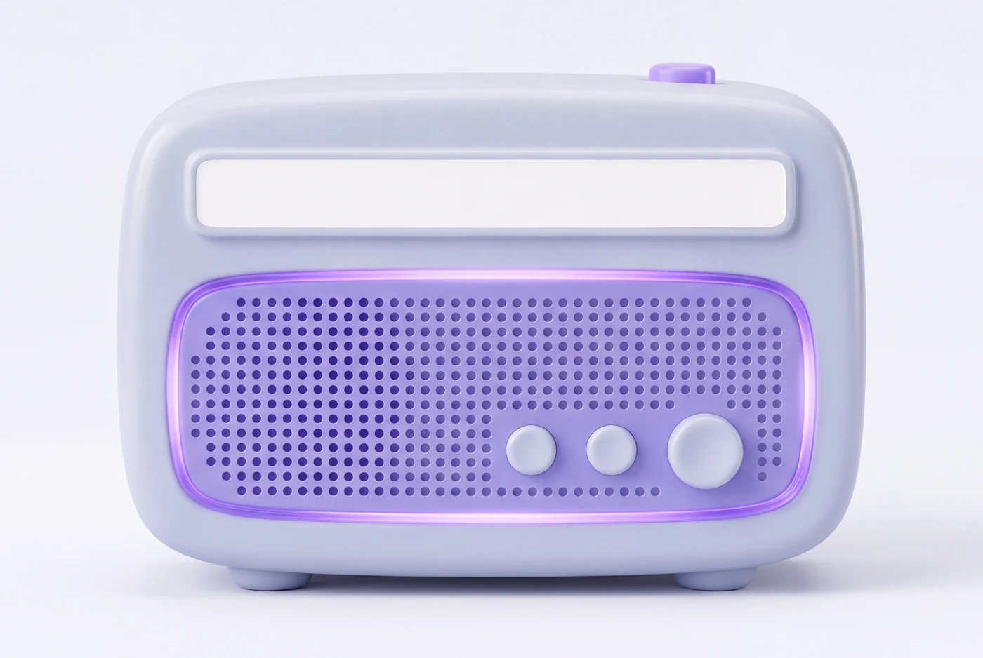 A soft porcelain AVOS radio with a task bar on top and a glowing violet speaker grille
